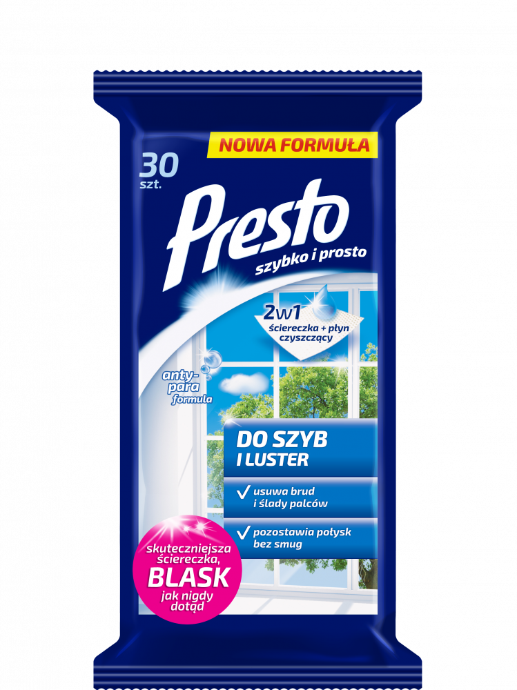Chusteczki do czyszczenia szyb i luster Presto, nawilżone, 30 sztuk