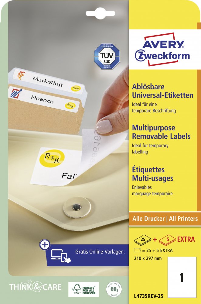 Etykiety samoprzylepne usuwalne Avery Zweckform, 210x297mm, 25 arkuszy + 5 gratis, biały
