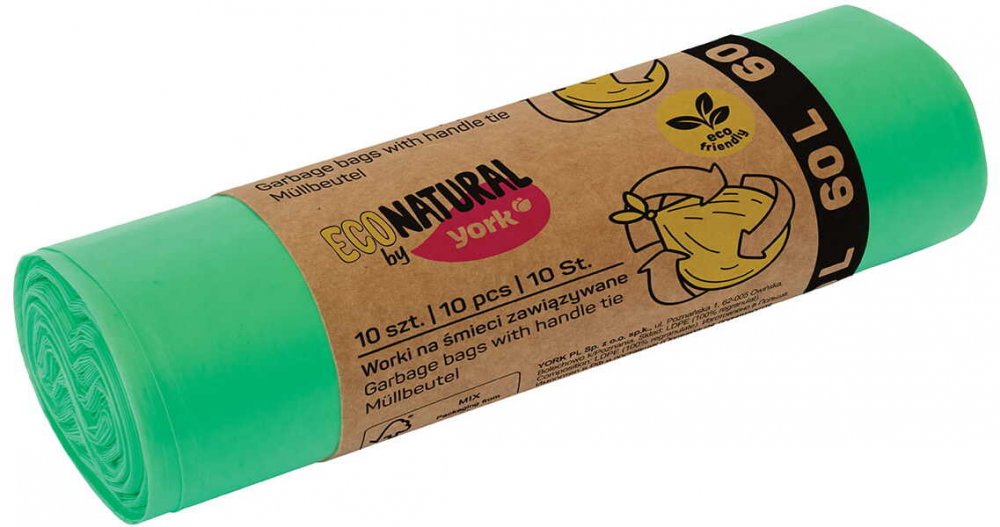 Worki na śmieci Eco Natural by York, na odpady zmieszane, 60l, 10 sztuk, zielony