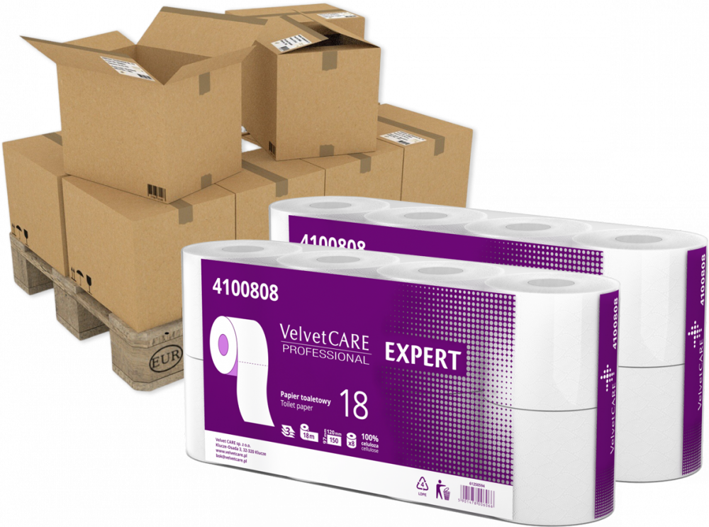 200x Papier toaletowy VelvetCARE Professional, 3-warstwowy, 18m, 8 rolek, biały