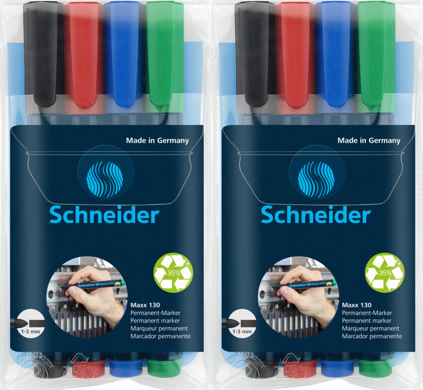 2x Zestaw markerów uniwersalnych Schneider, Maxx 130, okrągła, 1-3 mm, 4 sztuki, mix kolorów