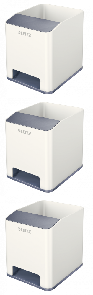 3x Kubek na długopisy Leitz Wow, ze wzmacniaczem dźwięku, 90x100x101mm, dwukolorowy, biało-szary