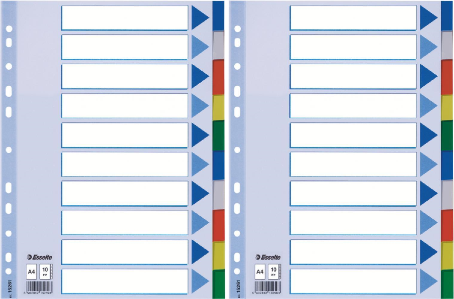 2x Przekładki do segregatora Esselte, plastikowe, A4, 10 kart, mix kolorów