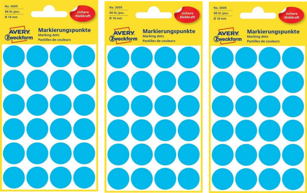3x etykiety Avery Zweckform, okrągłe, średnica 18mm, 96 sztuk, niebieski