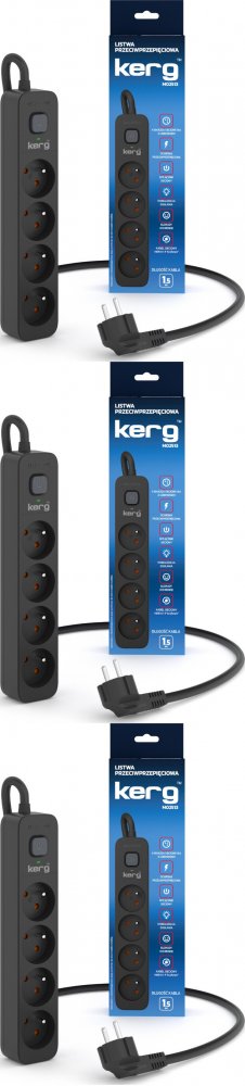 3x Listwa przeciwprzepięciowa Kerg, 1.5m, 4 gniazda, czarny