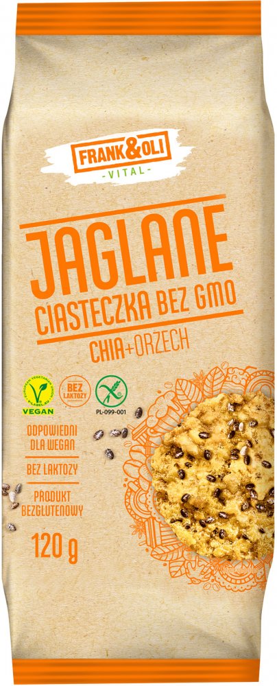 Ciasteczka jaglane Frank&Oli, bez GMO, z orzechami i nasionami chia, 120g