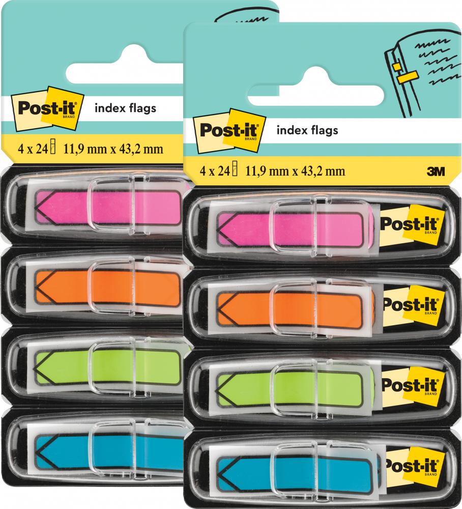 2x Zakładki samoprzylepne Post-it proste, z nadrukiem strzałki, indeksujące, folia, 12x43mm, 4x24 sztuki neonowe