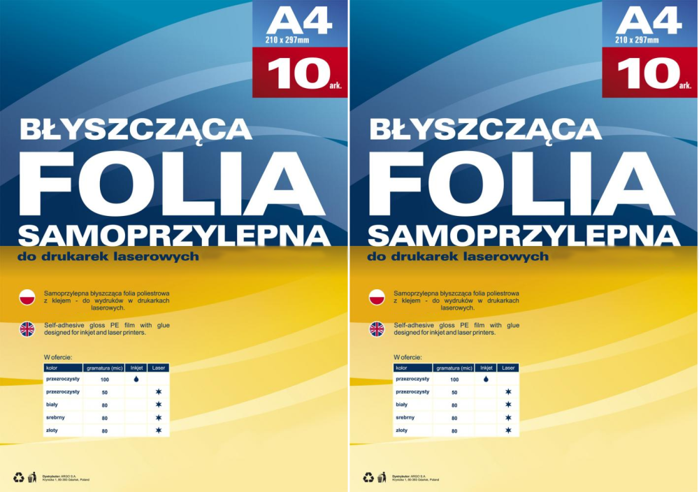 2x Folia samoprzylepna Argo, do drukarek laserowych, A4, 10 arkuszy, biały