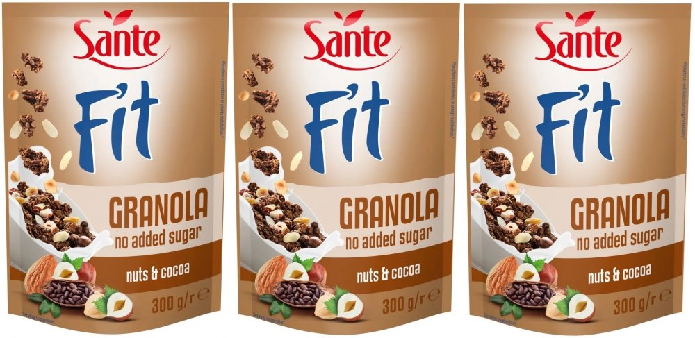 3x granola Sante Fit, orzechy/kakao, bez cukru, 300g