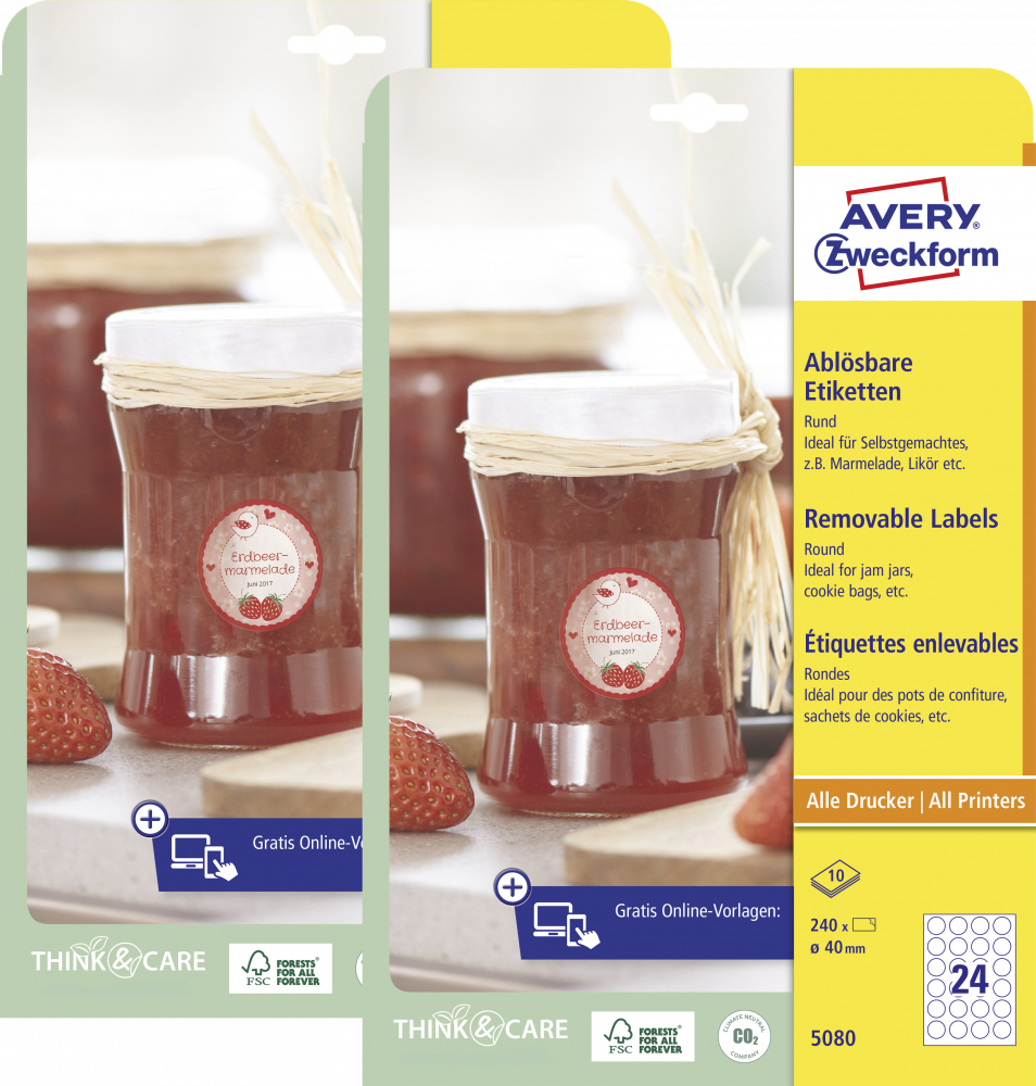 2x Etykiety usuwalne na słoiki Avery Zweckform, 40mm, 10 arkuszy, okrągłe, biały