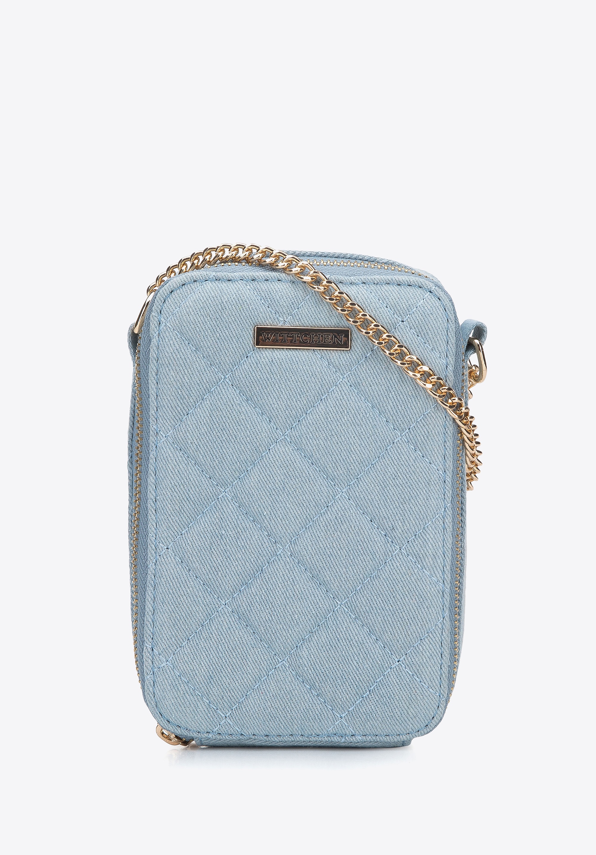 Damska minitorebka z pikowanego dżinsu na łańcuszku jasnoniebieska