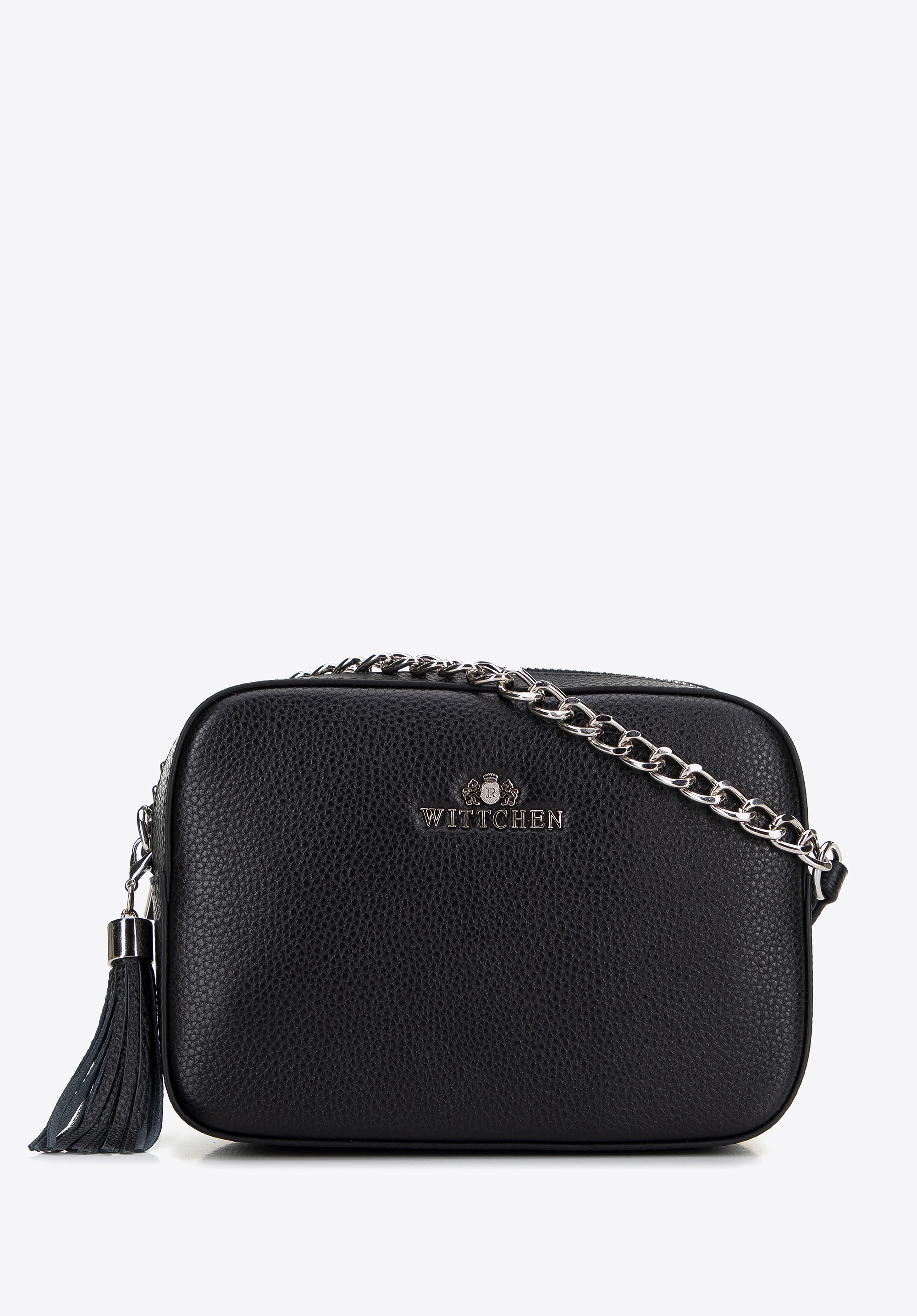 Damska listonoszka skórzana pudełkowa na łańcuszku czarno-srebrna