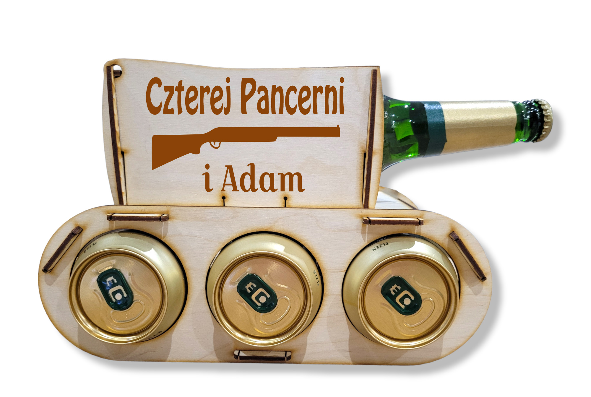 Drewniany czołg na piwo, alkohol, prezent 18, 30, 40, 50 urodziny dla dziadka, chłopaka, taty, kawalerski - GRAWER, IMIĘ, NAPIS