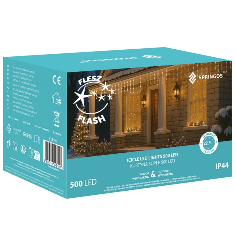 Kurtyna świetlna Springos 500 led girlanda, lampki wewnętrzno-zewnętrzne sople multikolor z zimnym białym flash 1 szt.