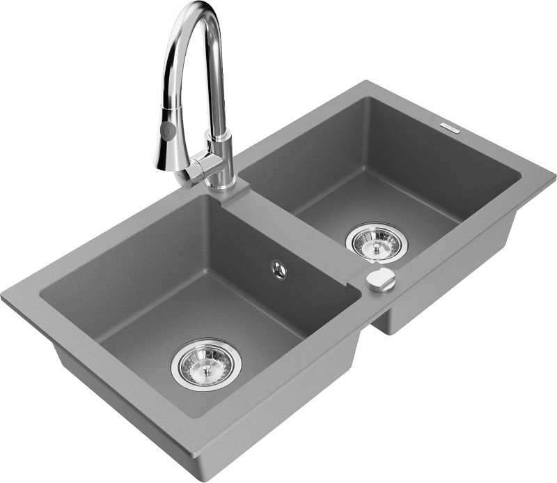 Zlewozmywak granitowy Mexen Mario 2-komorowy z baterią kuchenną Elia szary 6504-71-670101-00