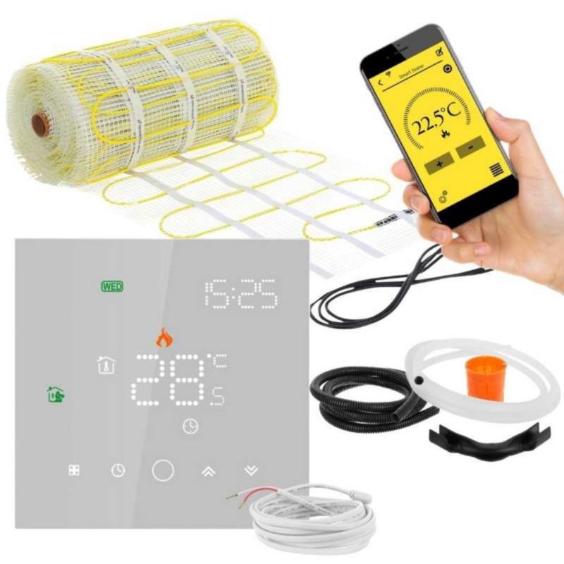 Zestaw Mata grzewcza pod płytki MA-160W/m² 8m² + Leo Biały 1szt.