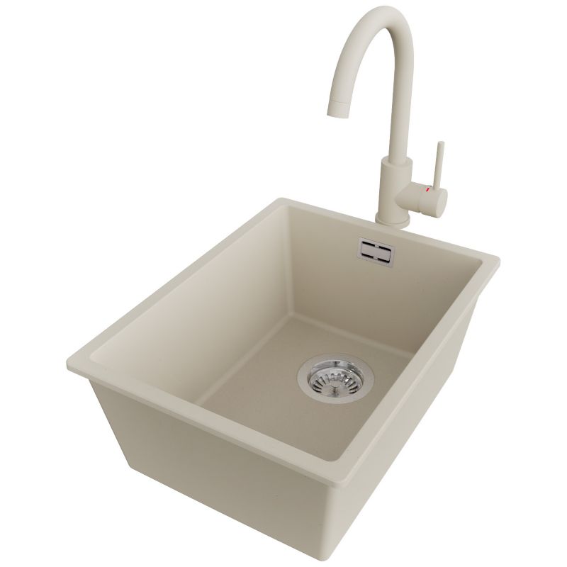 Zlewozmywak Granitowy Londyn Slim PRIMAGRAN Nablatowy 36x47cm do szafki od 40cm, Beżowy + Bateria 32x20cm + Syfon, S043, 1 szt.