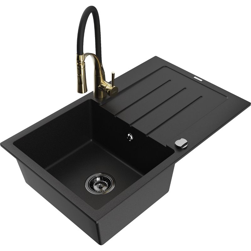 Zlewozmywak granitowy 1-komorowy Mexen Bruno z ociekaczem i baterią kuchenną Aster czarny 6513-77-73450-57-B
