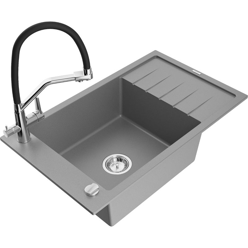 Zlewozmywak granitowy 1-komorowy Mexen Elias z ociekaczem i baterią kuchenną Duo szary 6511-71-671701-07