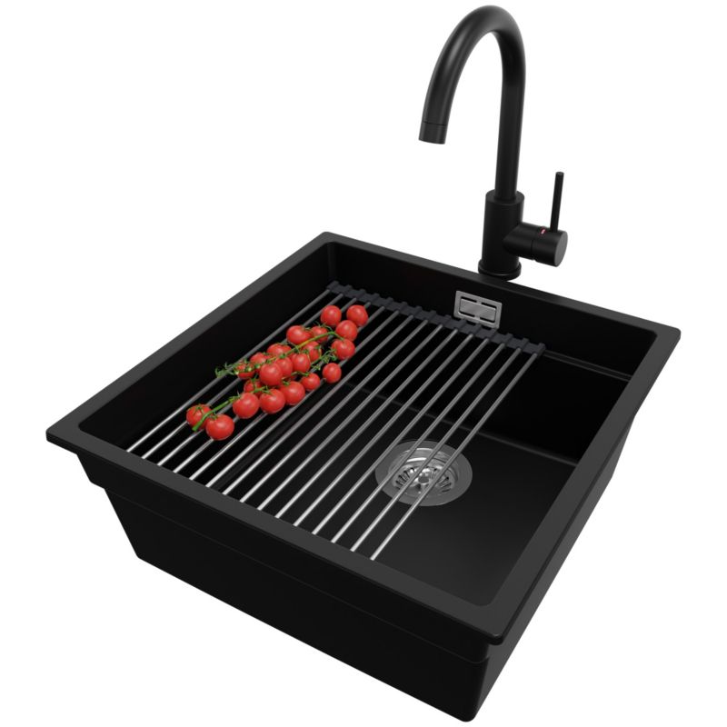 Zlewozmywak Granitowy Praga Slim PRIMAGRAN Nablatowy 46x47cm, Czarny + Bateria + Syfon + Akcesorium, S198, 1 szt.