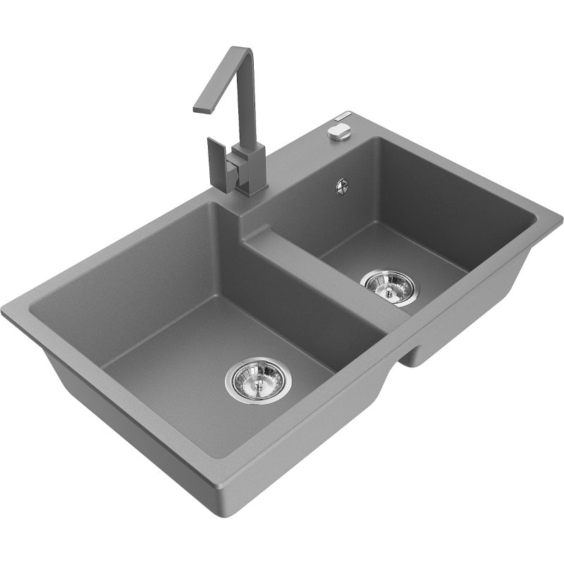 Zlewozmywak granitowy 2-komorowy Mexen Tomas z baterią kuchenną Rita szary - 6516-71-670300-50 1 szt.