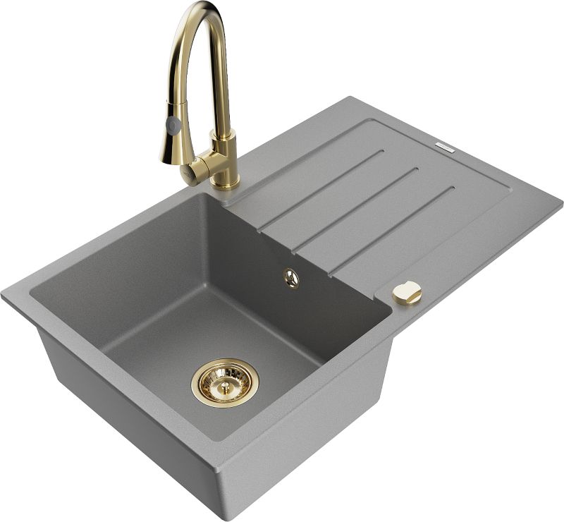 Zlewozmywak granitowy Mexen Bruno 1-komorowy z ociekaczem i baterią kuchenną Elia szary 6513-71-670101-50