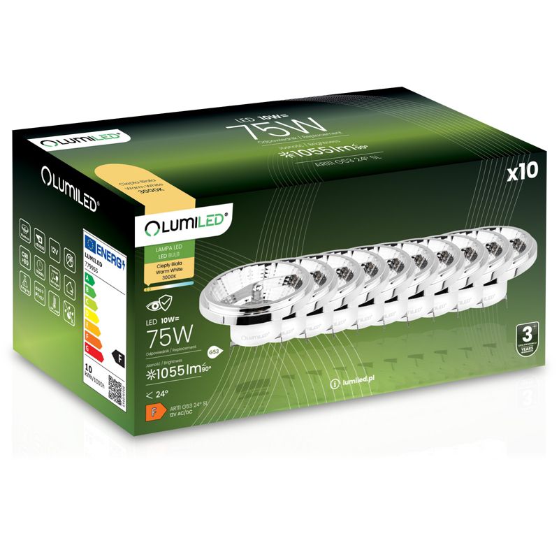 Żarówka LED Lumiled G53 Reflektor AR111 10W 1055lm 3000K 24st 12V Srebrna 10 szt.