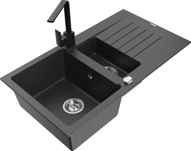 Zlewozmywak granitowy Mexen Matias 1,5-komorowy z ociekaczem i baterią kuchenną Savita czarny - 6502-76-672601-00 1 szt.