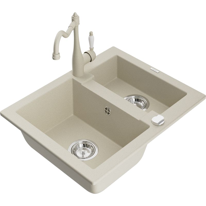 Zlewozmywak granitowy 1.5-komorowy Mexen Carlos z baterią kuchenną Carla beżowy 6518-69-670700-69