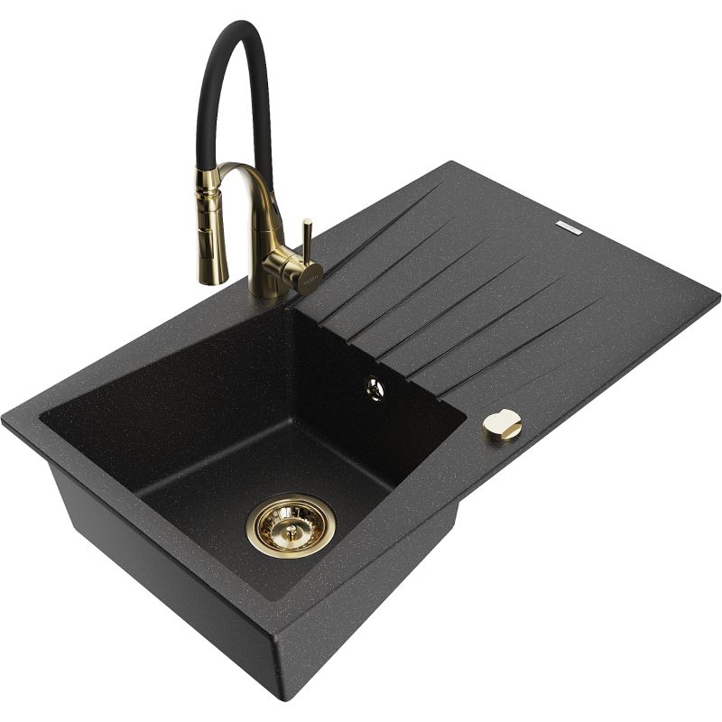 Zlewozmywak granitowy 1-komorowy Mexen Cesar z ociekaczem i baterią kuchenną Aster czarny/srebrny metalik 6514-73-73450-57-G