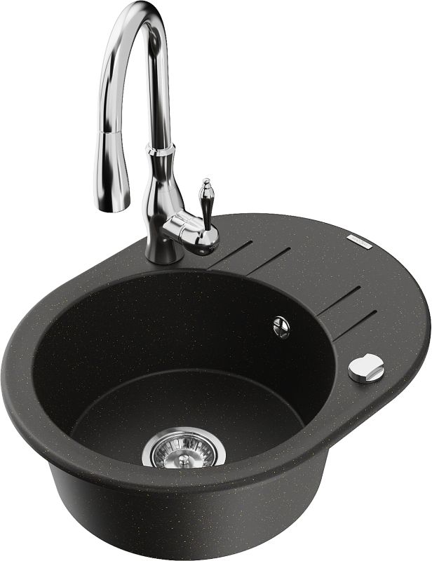 Zlewozmywak granitowy Mexen Kevin 1-komorowy z ociekaczem i baterią kuchenną Telma nakrapiany - 6517-76-670200-76 1 szt.