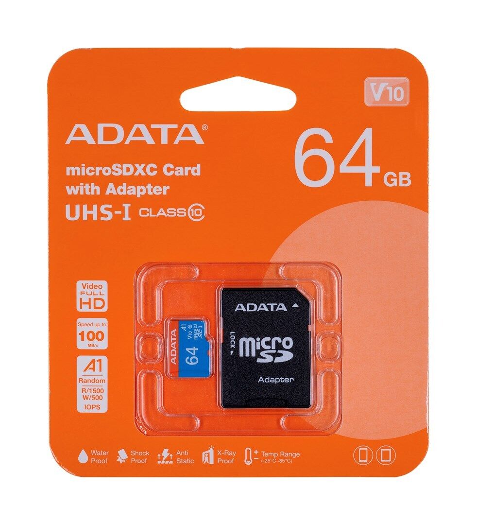 ADATA Micro SDXC 64GB 100MB V10 A1 AUSDX64GUICL10A1RA-1 - Henryx24