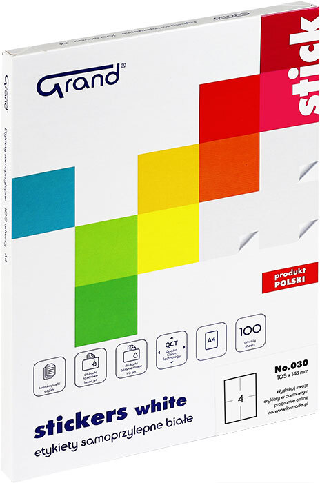 Etykiety samoprzylepne Grand No.030, 105x148mm, 100 arkuszy, biały