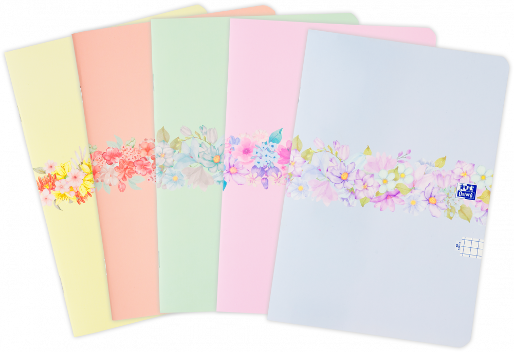 5x Zeszyt w kratkę Oxford Flowers, A4, miękka oprawa, 60 kartek, mix wzorów