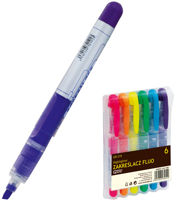Zakreślacz Grand, GR-219, ścięta, 6 sztuk, mix kolorów