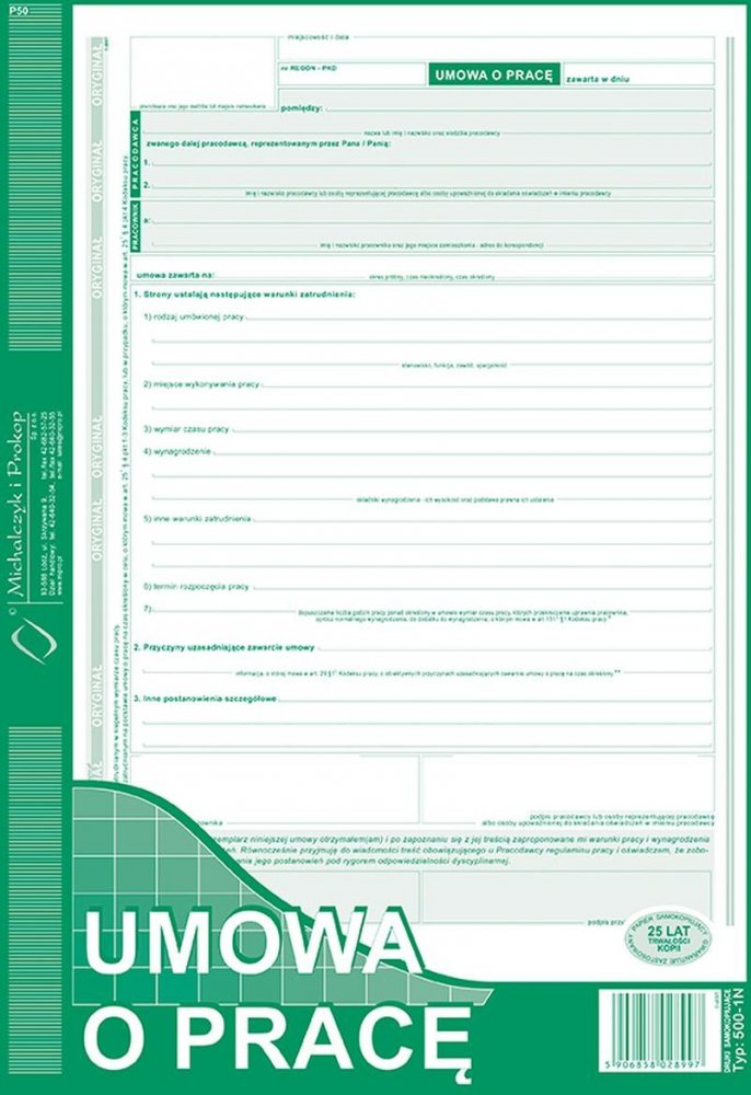 Druk akcydensowy Umowa o pracę MiP 500-1N, A4, samokopiujący, 40k, oryginał+kopia