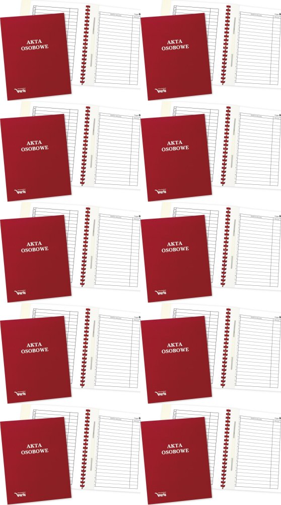 10x Teczka do akt osobowych Warta, A4, z bindą wewnętrzną, niezadrukowana, ABCDE, czerwony