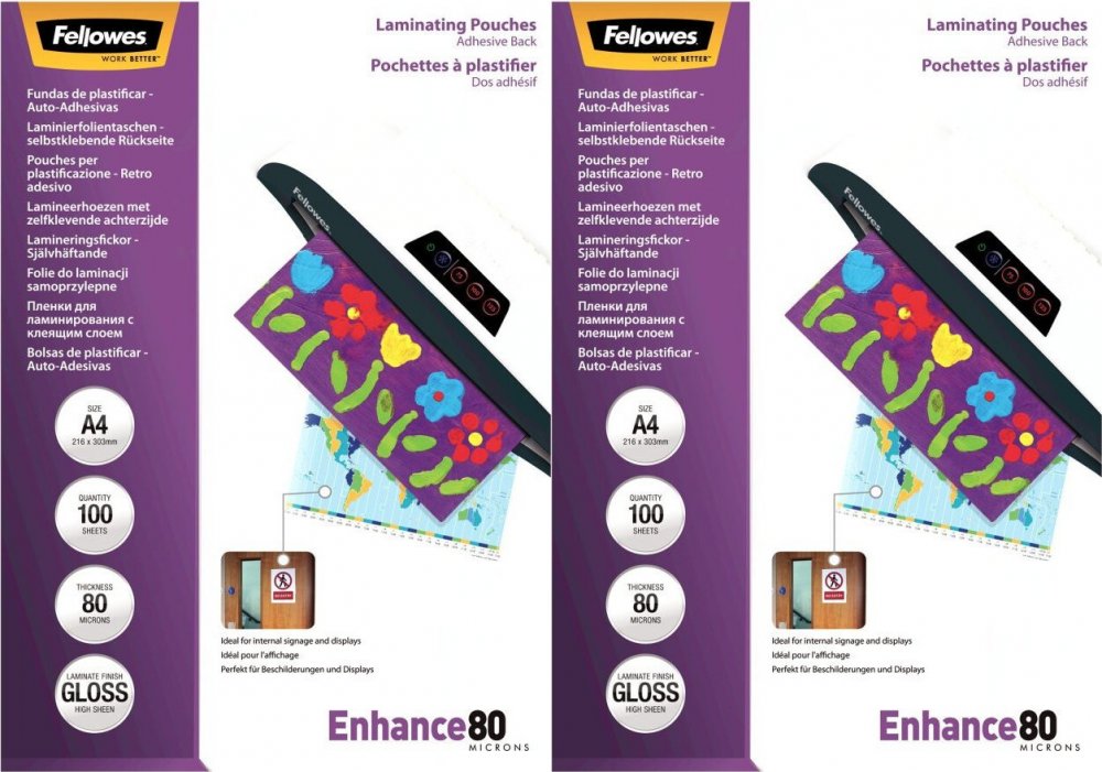 2x Folia do laminowania Fellowes, A4, samoprzylepna, 2x80 μm, 100 sztuk