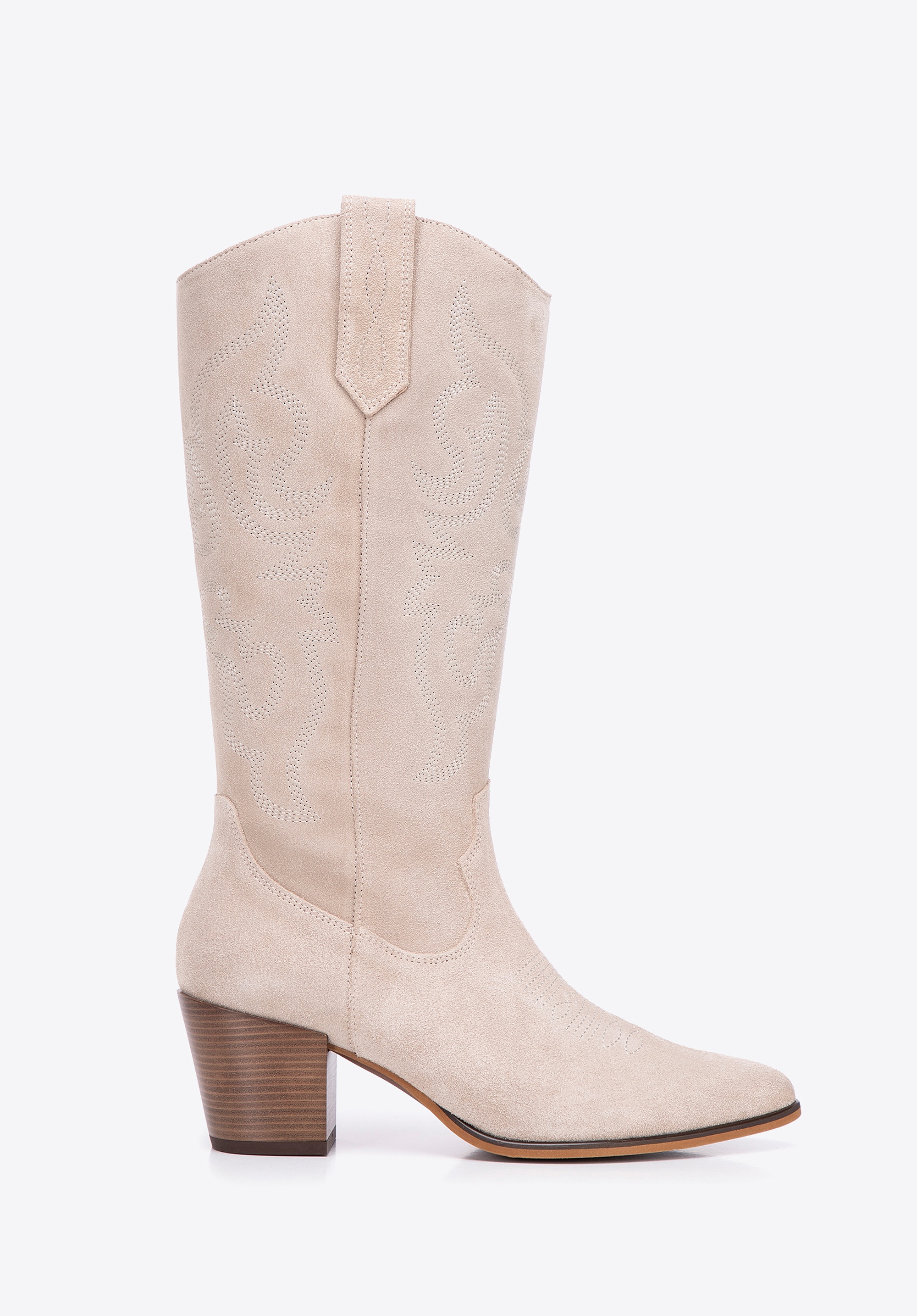 Damskie kowbojki z zamszu w haftowane wzory jasny beż