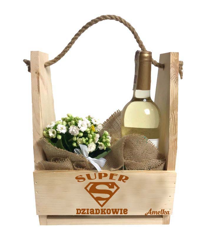 Prezent dla babci i dziadka nosidło doniczka na kwiaty piwo słodycze narzędzia skrzynka napis Imię GRAWER