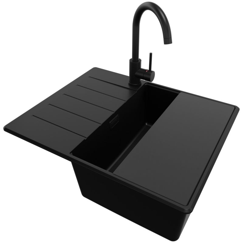 Zlewozmywak Granitowy Kopenhaga PRIMAGRAN Nablatowy 62x50cm, Cały Czarny + Bateria + Syfon + Akcesorium, S280, 1 szt.