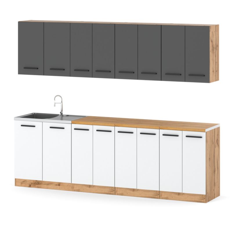 Zestaw Kuchenny Hurtownia-Mebli Z Blatem Kuchnia Vero 260cm Dąb Wotan Szary Mat/Biały Mat 260x47x145 cm 1szt.