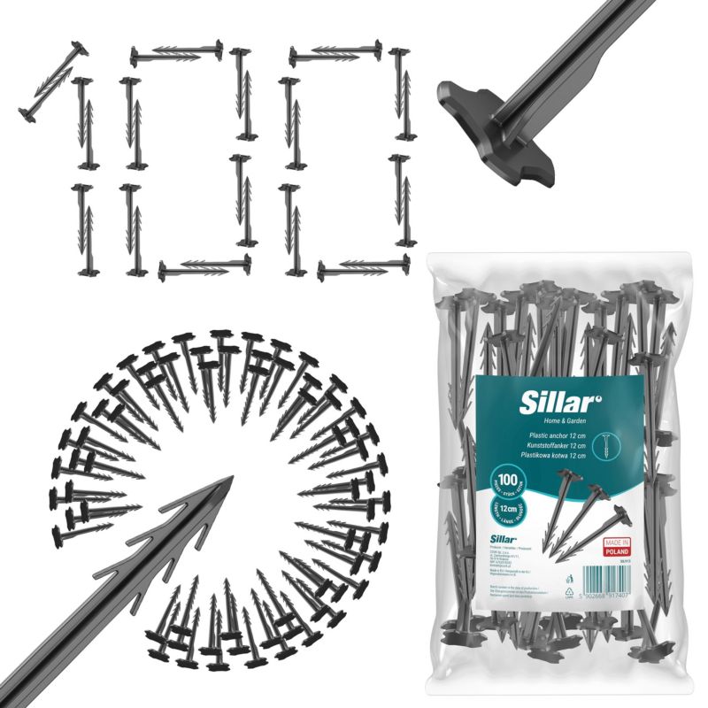 Szpilki do agrotkaniny, Sillar, plastikowe, wbijane do ziemi, 12cm, 100szt