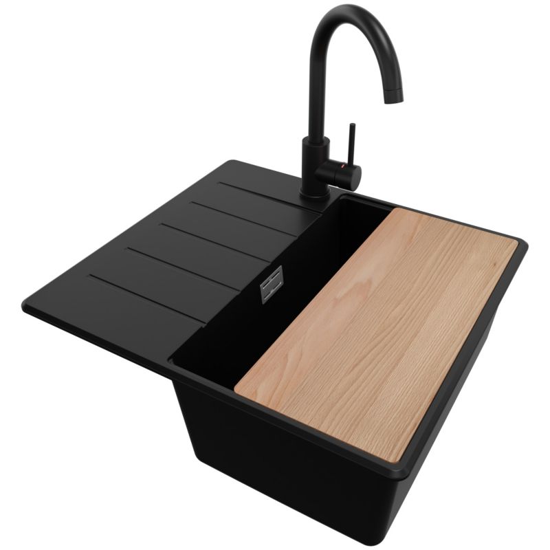 Zlewozmywak Granitowy Kopenhaga PRIMAGRAN Nablatowy 55x50cm do szafki od 40cm, Czarny + Bateria + Syfon + Deska, S067, 1 szt.