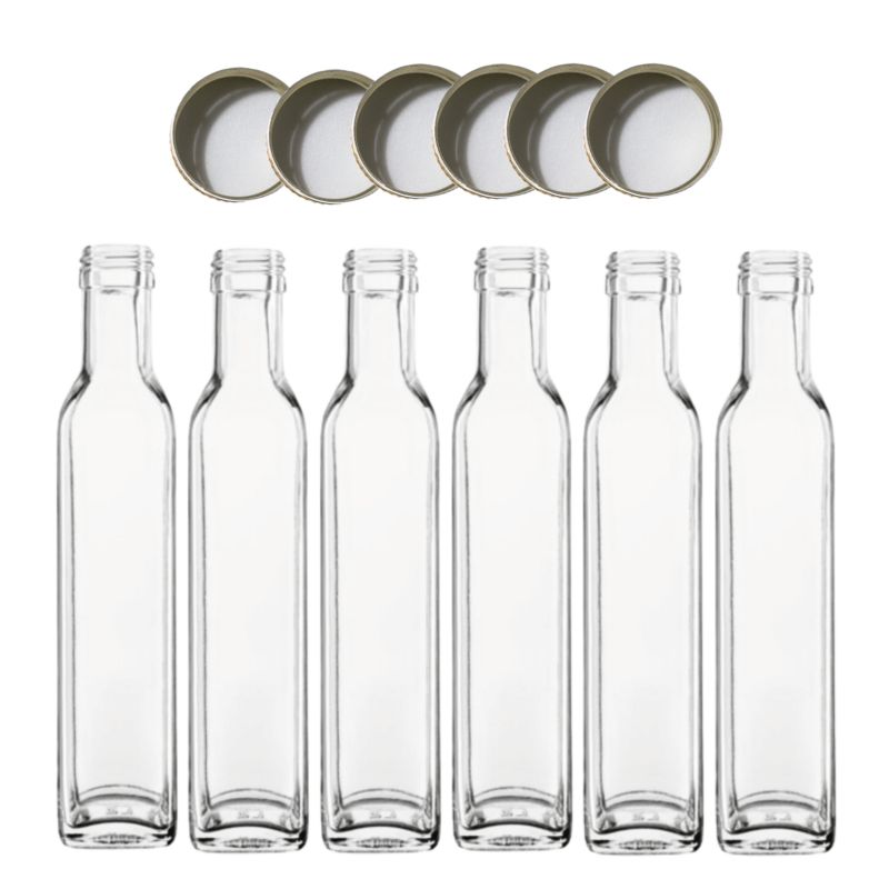 Butelki szklane MODO24 250 ml maraska kwadratowa na soki i oliwę fi 31 z nakrętkami 6 szt.