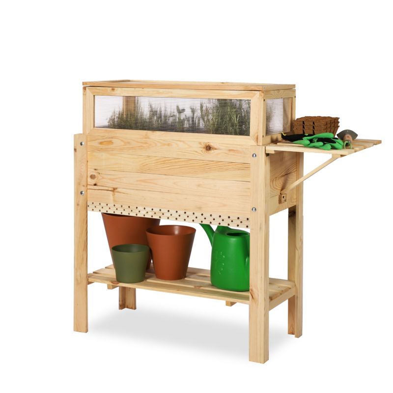 Donica na nogach MODO24 drewniana 80 x 37 cm z domkiem dla owadów i półką boczną naturalne drewno 1 szt.