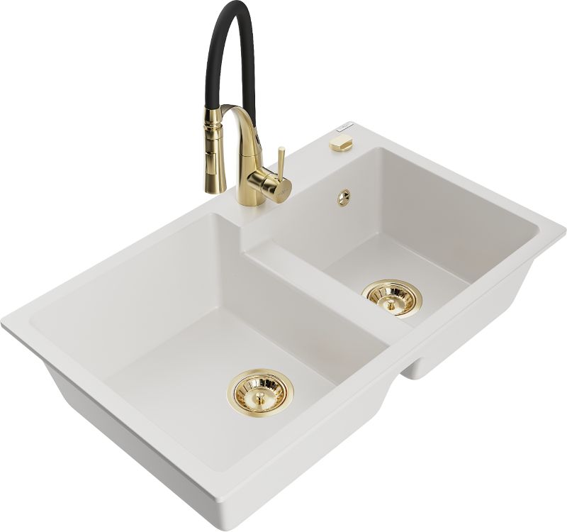 Zlewozmywak granitowy Mexen Tomas 2-komorowy z baterią kuchenną Carla biały - 6516-20-670700-70 1 szt.