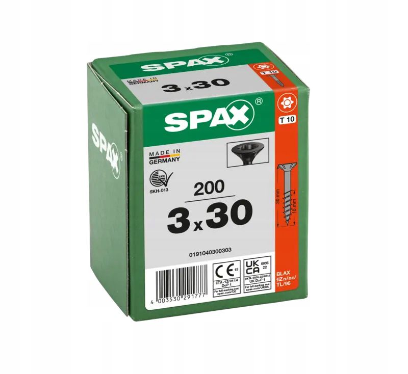 Wkręty Do Drewna Spax3X30Mm Torx,Niepełny Gwint,Łeb Stożkowy,Czarne200Szt.