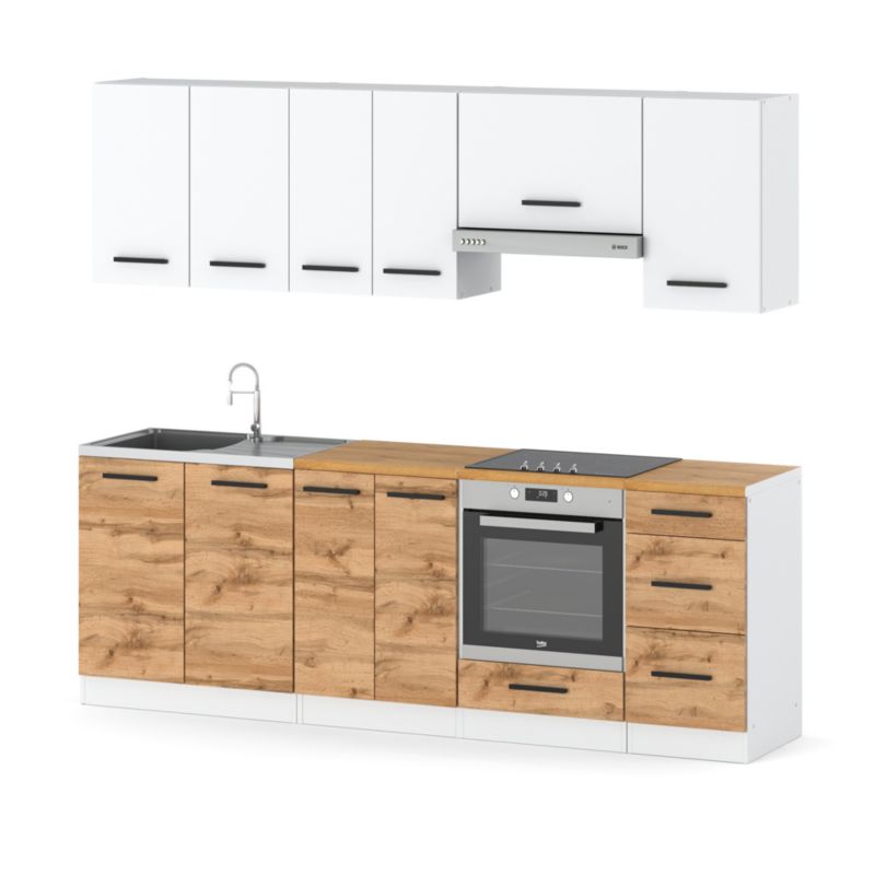 Zestaw Kuchenny Hurtownia-Mebli Z Blatem Kuchnia Mokka Plus 240cm Biały Mat Biały Mat/Dąb Wotan 240x47x145 cm 1szt.