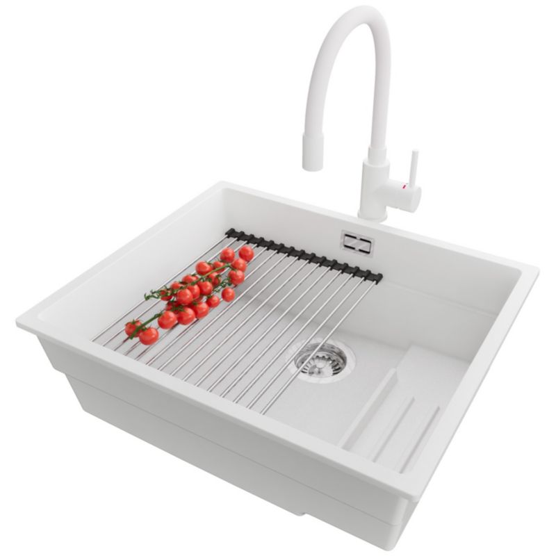 Zlewozmywak Granitowy Praga Slim PRIMAGRAN Nablatowy 56x47cm, Biały + Bateria + Syfon + Akcesorium, S365, 1 szt.